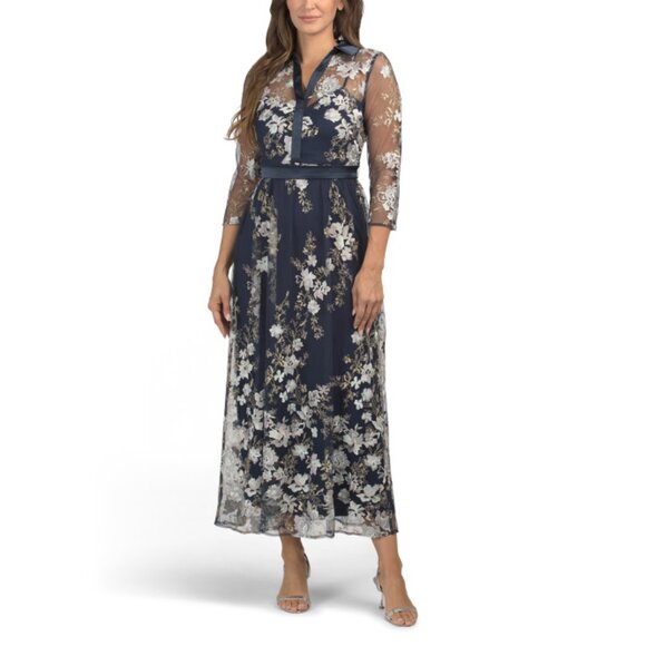 JS COLLECTIONS Navy Azalea Floral Embroidered Shirt Dress - Picture 1 of 2